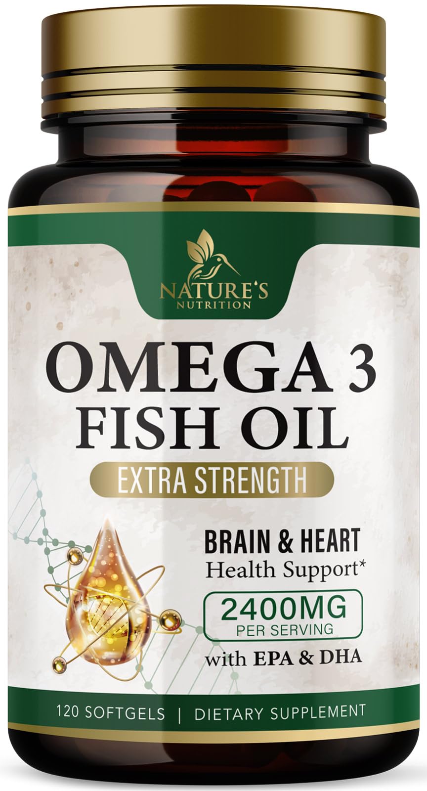 Flacon de Nature's Nutrition Omega 3 Huile de Poisson 2400mg, 120 gélules
