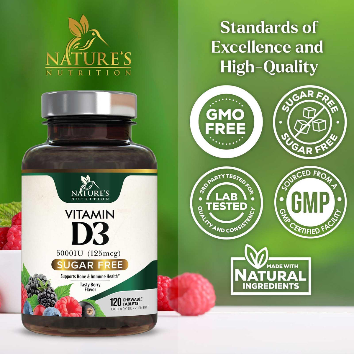 Flacon de Nature's Nutrition Vitamine D3 5000 IU avec étiquette visible