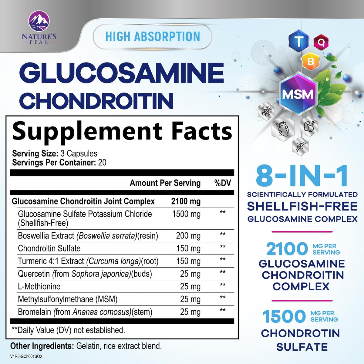 Flacon de Nature's Peak Complex de Glucosamine Chondroïtine 2100mg avec capsules