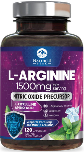 Flacon de Nature's Peak L-Arginine Complex 120 capsules vue de face