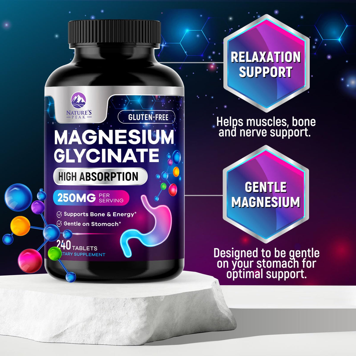 Flacon de Nature's Peak Magnésium Glycinate avec dosage indiqué