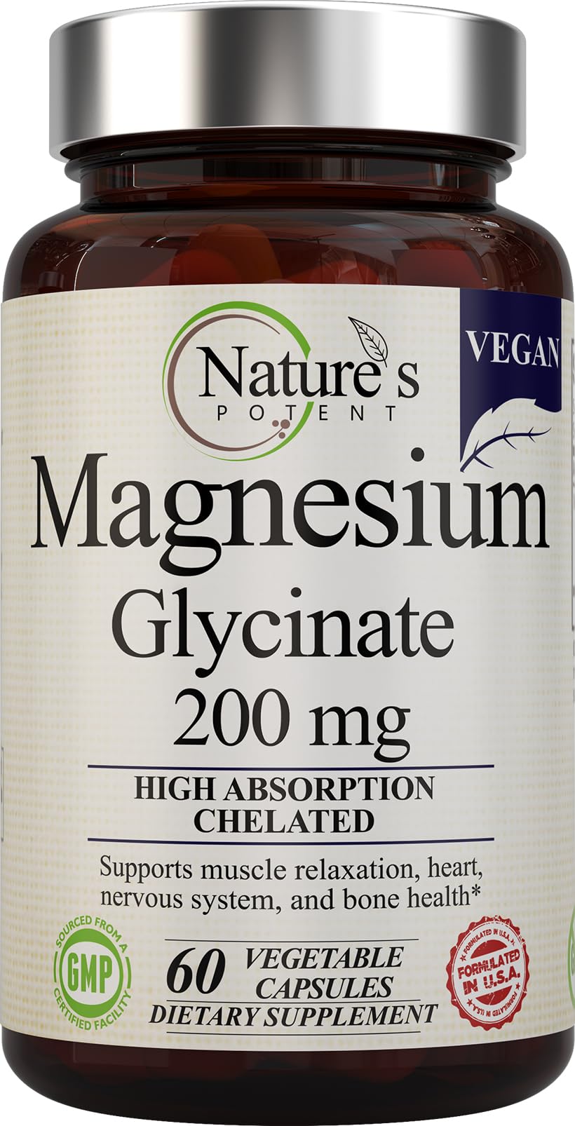 Flacon de Nature's Potent Magnésium Glycinate 200mg 60 capsules