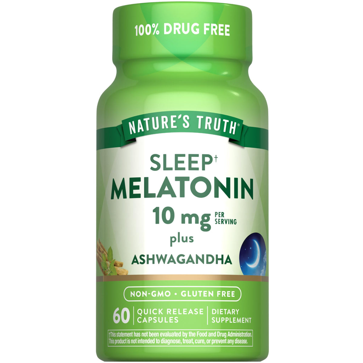 Flacon de Nature's Truth Melatonin 10mg avec Ashwagandha, 60 capsules
