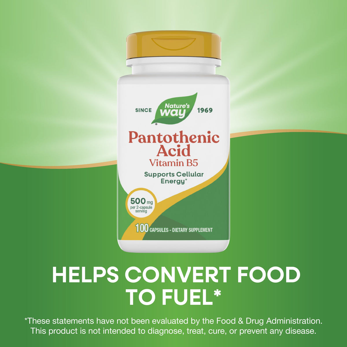 Flacon de Nature's Way Acide Pantothénique ouvert avec capsules visibles