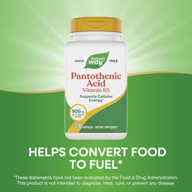 Flacon de Nature's Way Acide Pantothénique ouvert avec capsules visibles