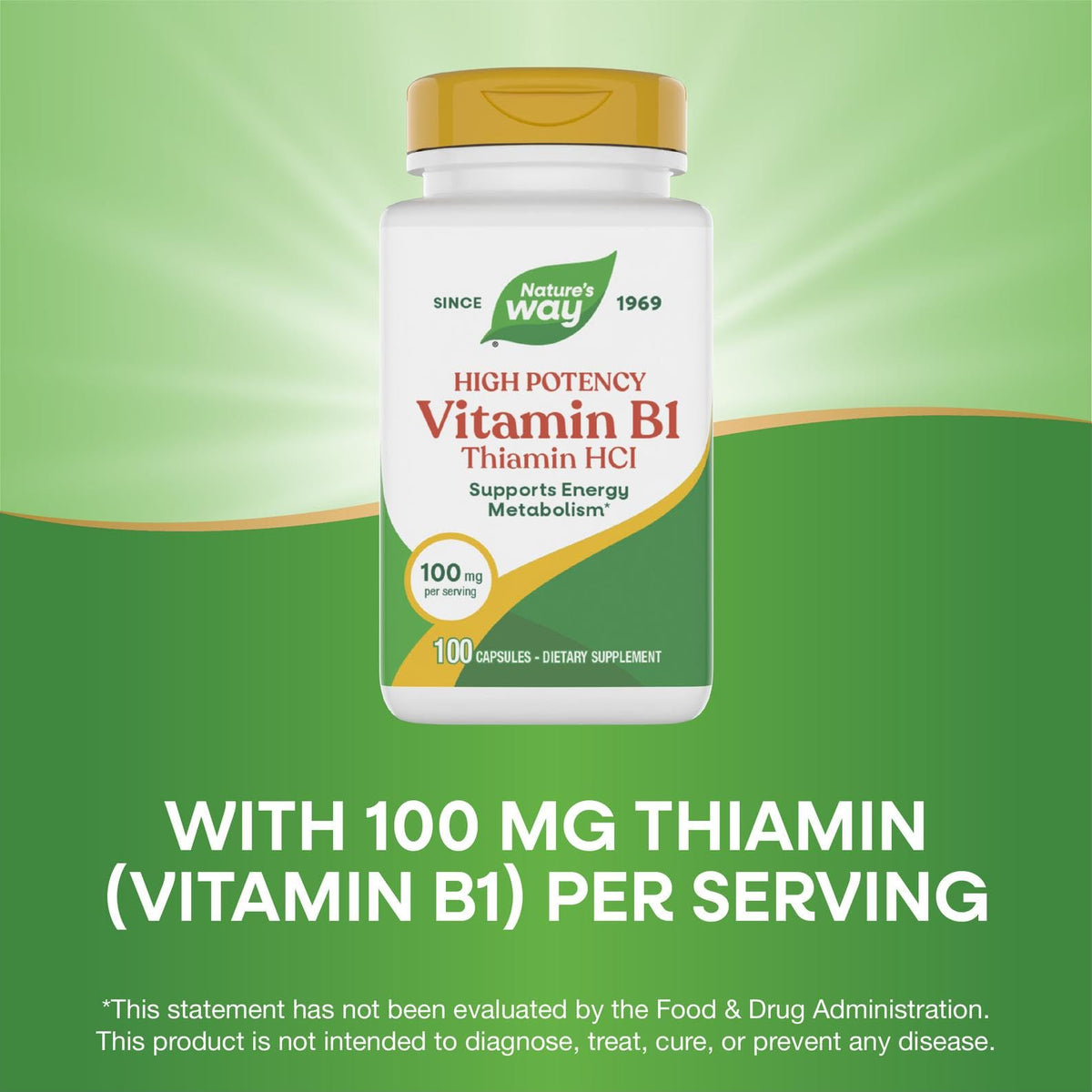 Flacon de Nature's Way Vitamine B1 100 mg ouvert avec capsules