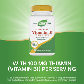 Flacon de Nature's Way Vitamine B1 100 mg ouvert avec capsules