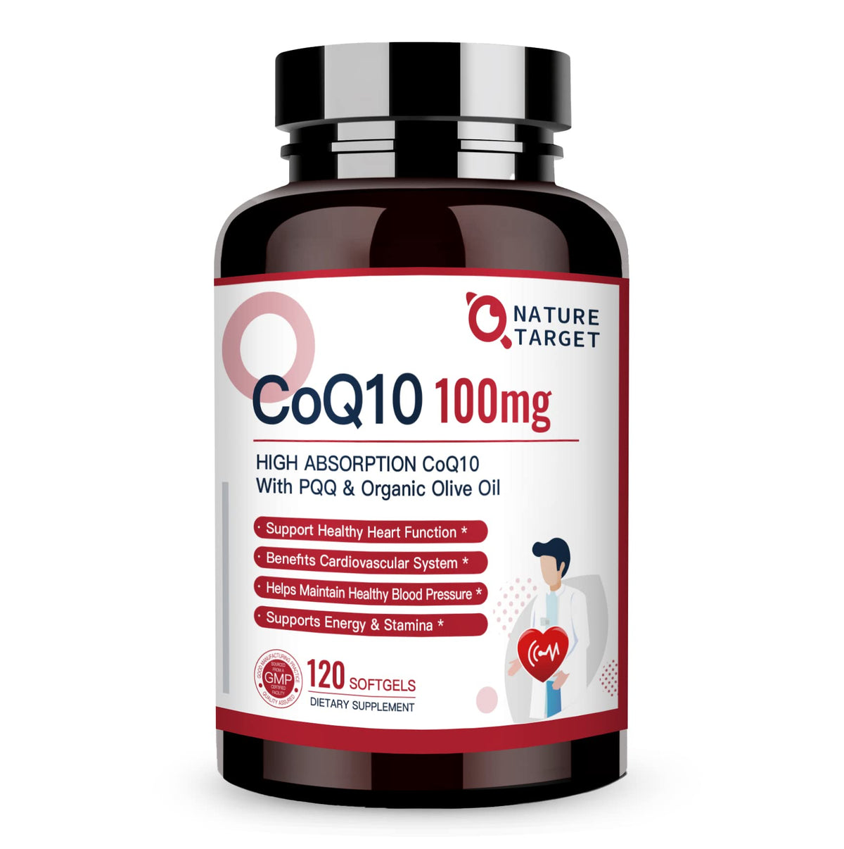Flacon de NATURE TARGET CoQ10 100mg Softgels avec 10mg PQQ, vue de face