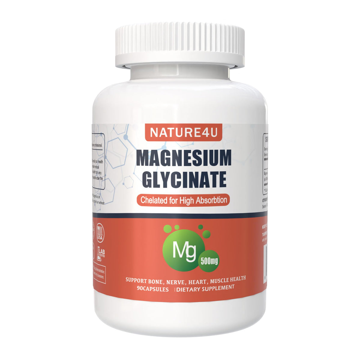 Flacon de Nature4U Glycinate de Magnésium 500mg 90 capsules