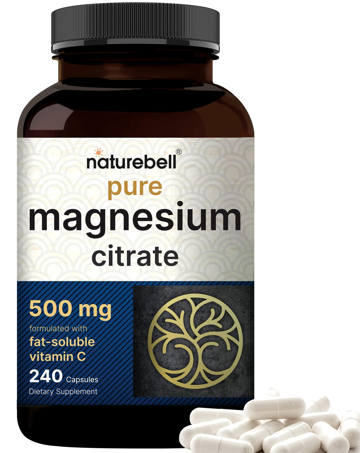 Flacon de NatureBell Citrate de Magnésium Pur 500mg, 240 capsules