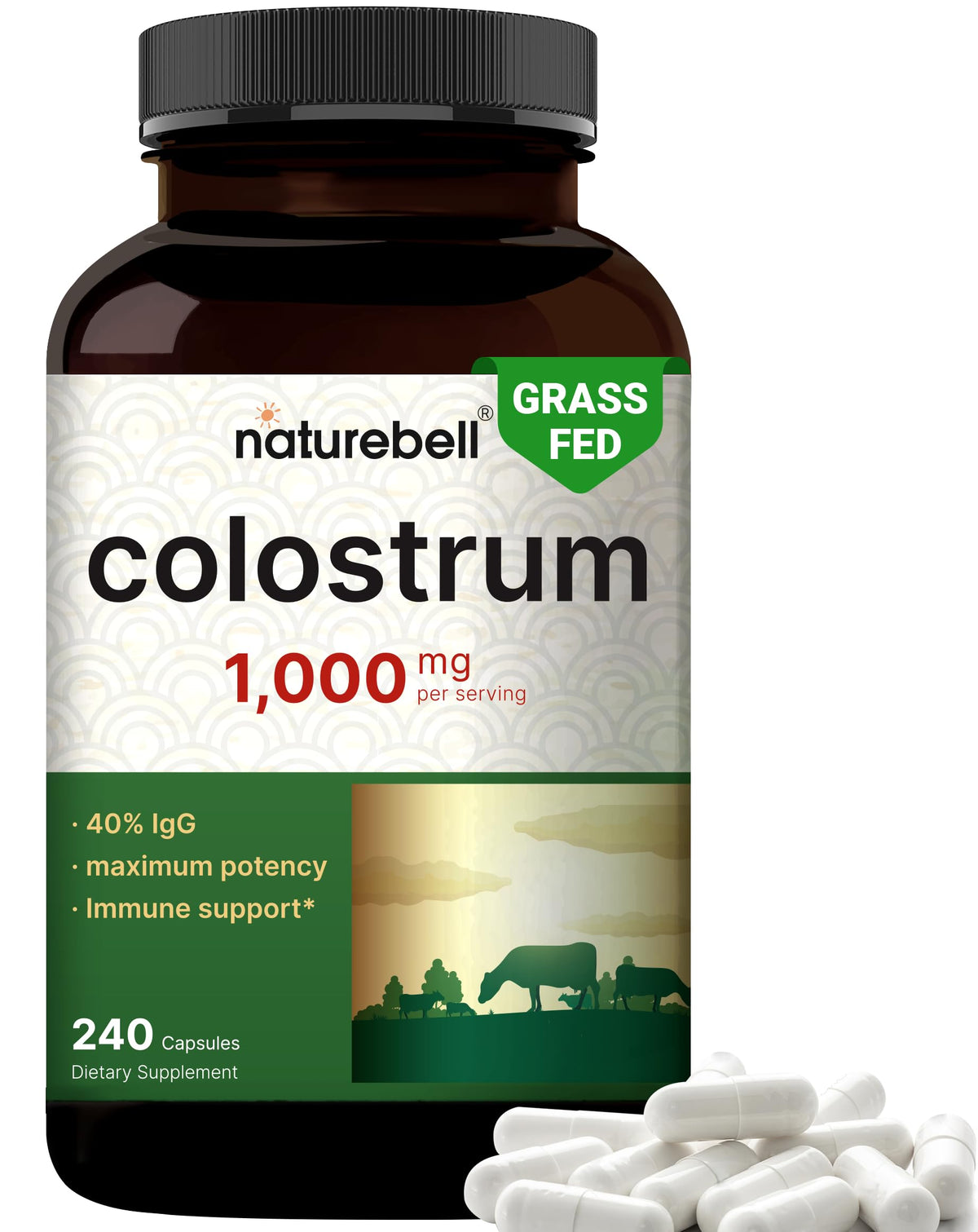 Flacon de NatureBell Colostrum 1 000mg 240 capsules vue de face