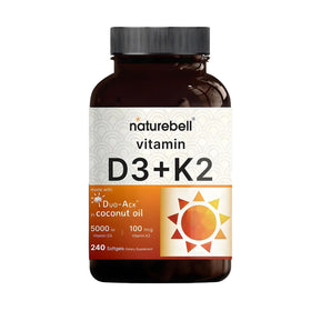 Flacon de NatureBell Vitamine D3 5000 IU et K2 100 mcg avec 240 gélules molles