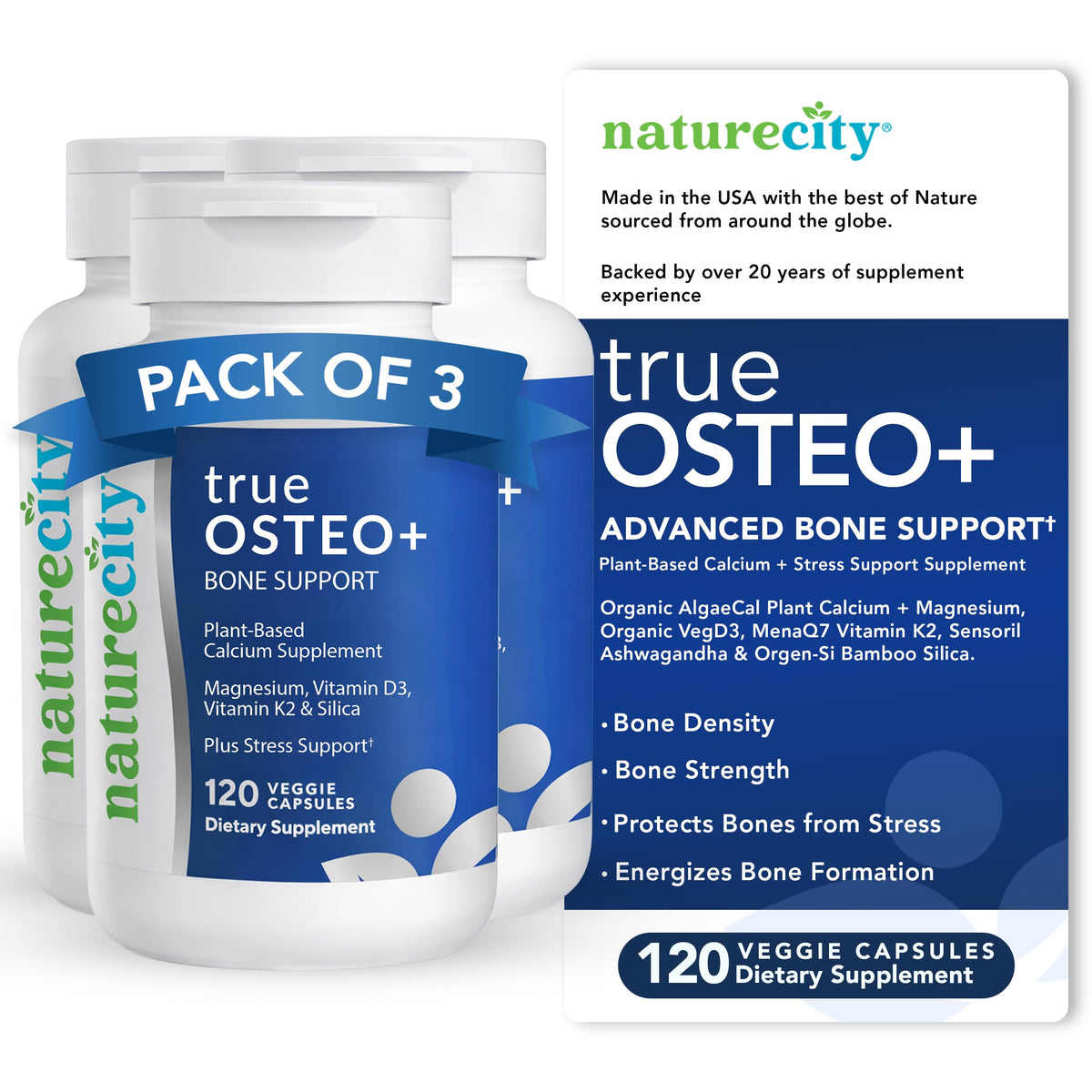 Flacon de NatureCity True-Osteo Plus avec 360 capsules végétales