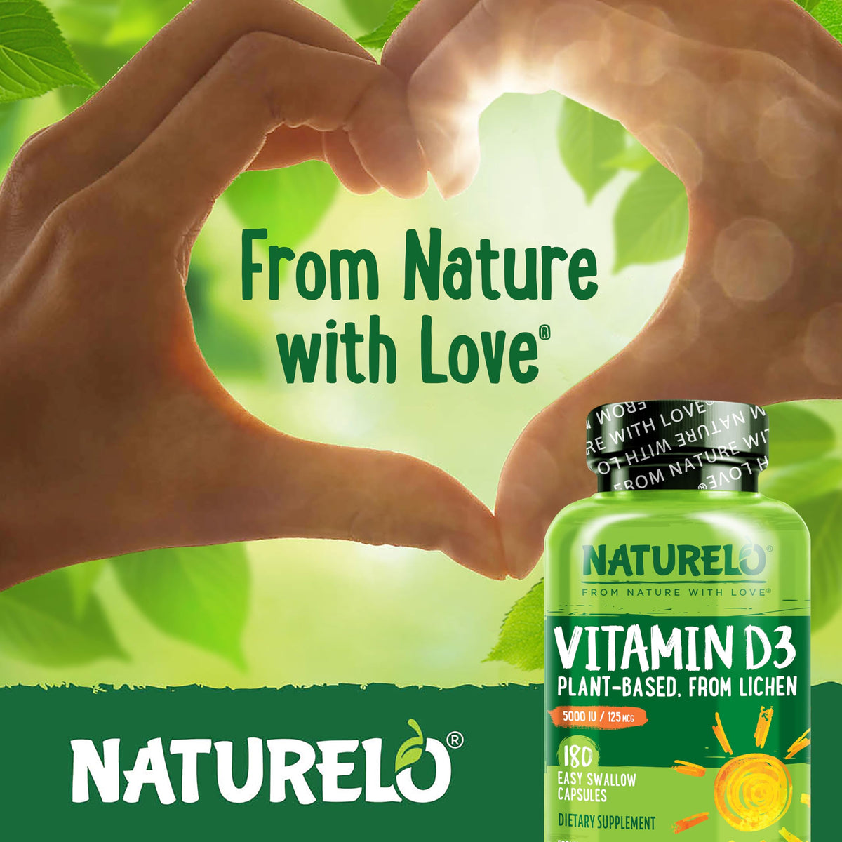 Flacon de NATURELO avec capsules de Vitamine D3 sur une table