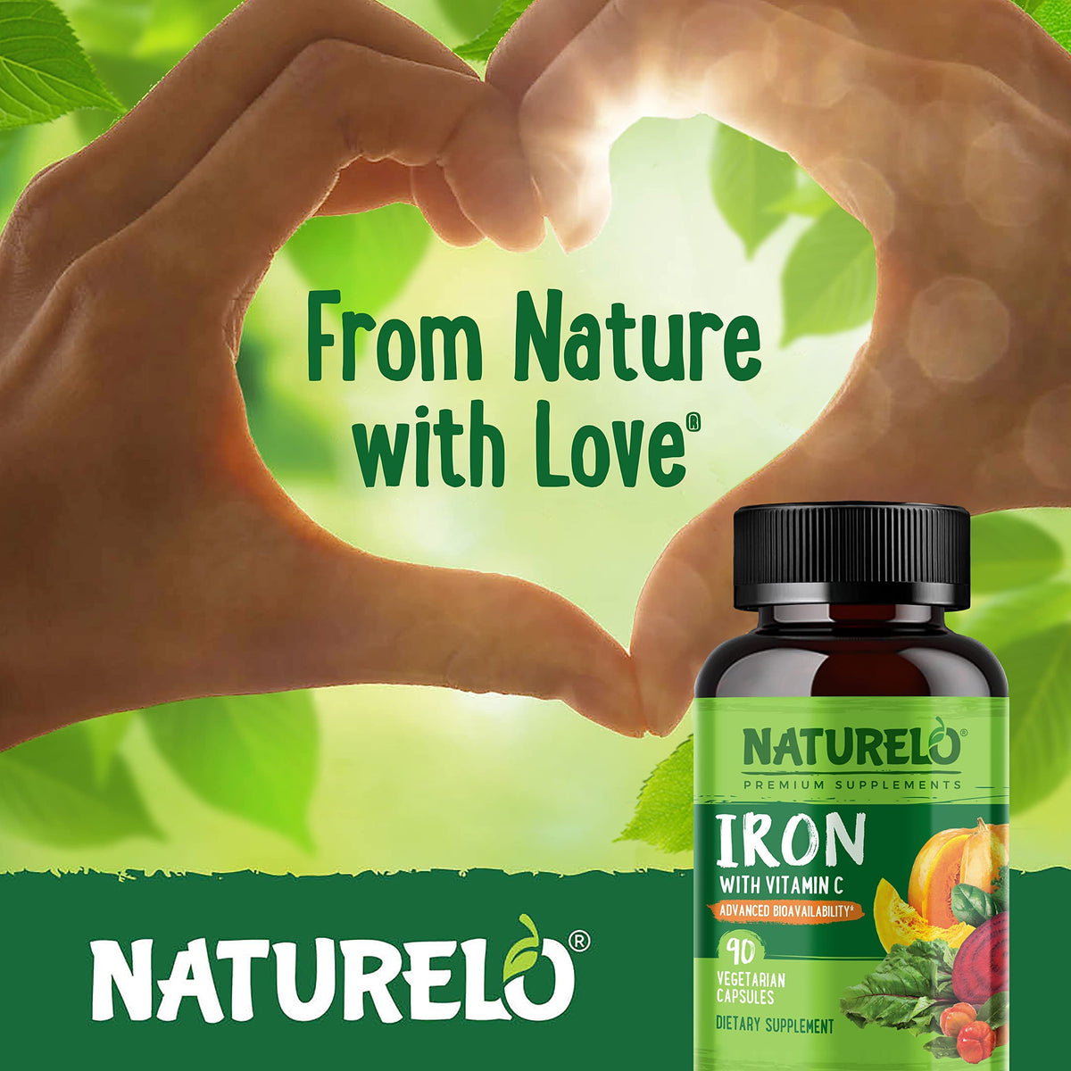 Flacon de NATURELO Fer Végétalien avec capsules à côté