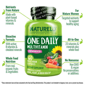 Flacon de NATURELO Multivitamines Femmes 50+ 60 Comprimés, étiquette