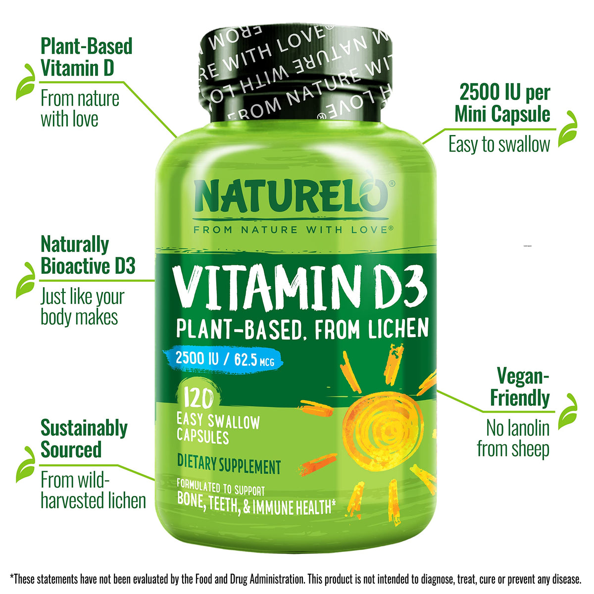 Flacon de NATURELO Vitamine D3 2500 IU avec étiquette claire