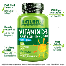 Flacon de NATURELO Vitamine D3 2500 IU avec étiquette claire
