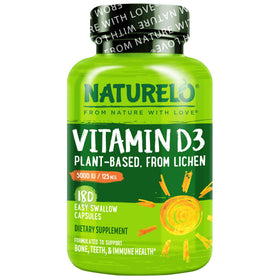 Flacon de NATURELO Vitamine D3 Végétale 5000 IU avec 180 capsules