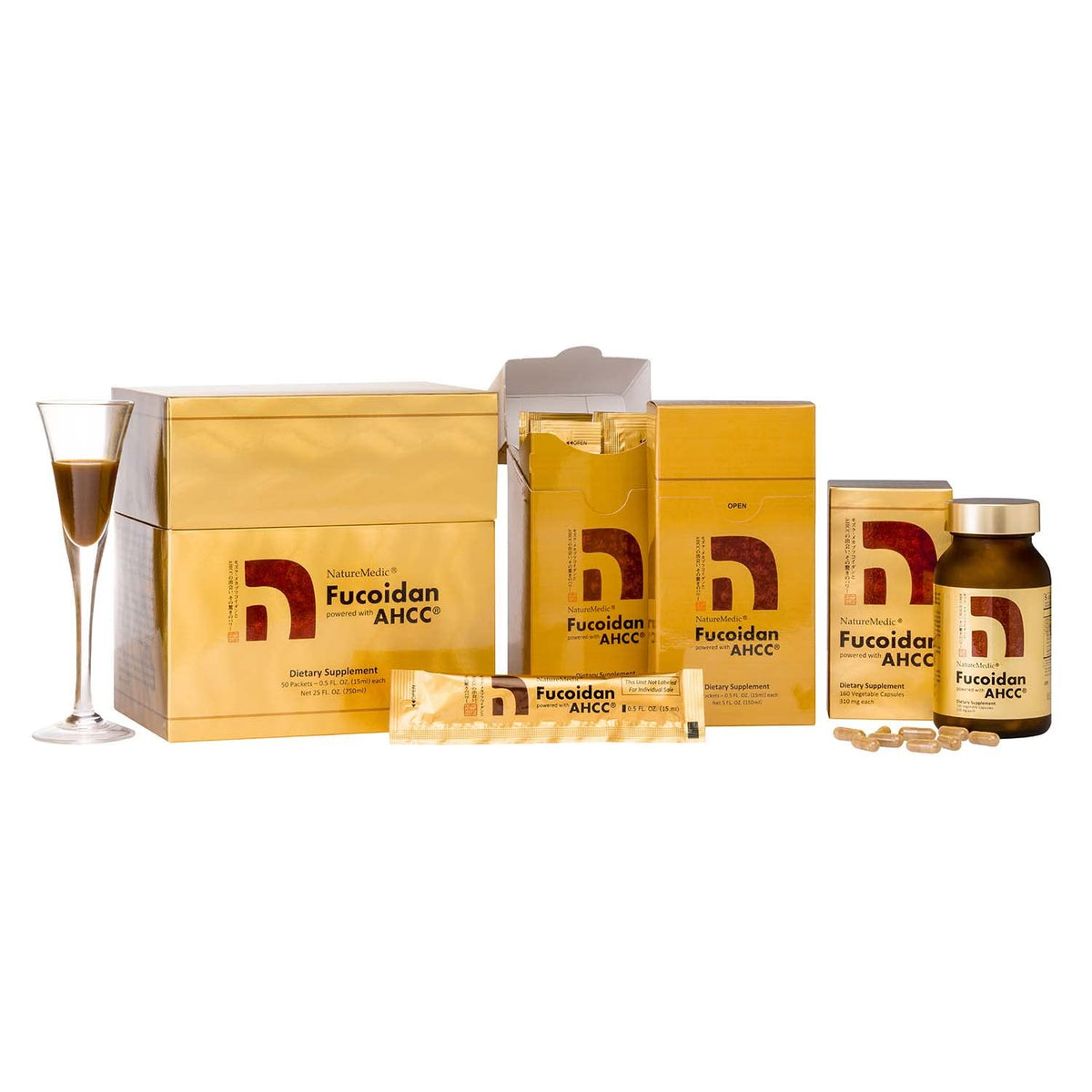 Flacon de NatureMedic Fucoidan avec AHCC® sur une surface en bois