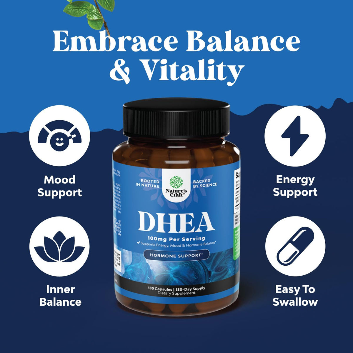 Flacon de Natures Craft DHEA 100mg contenant 180 capsules