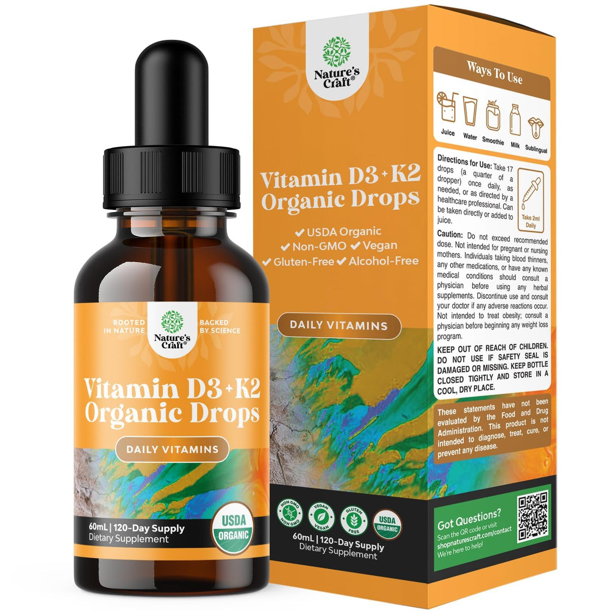 Flacon de Natures Craft Gouttes de Vitamine D3 K2 2000 IU 60ml