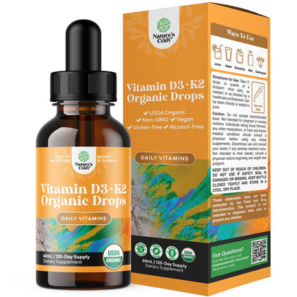 Flacon de Natures Craft Gouttes de Vitamine D3 K2 2000 IU 60ml