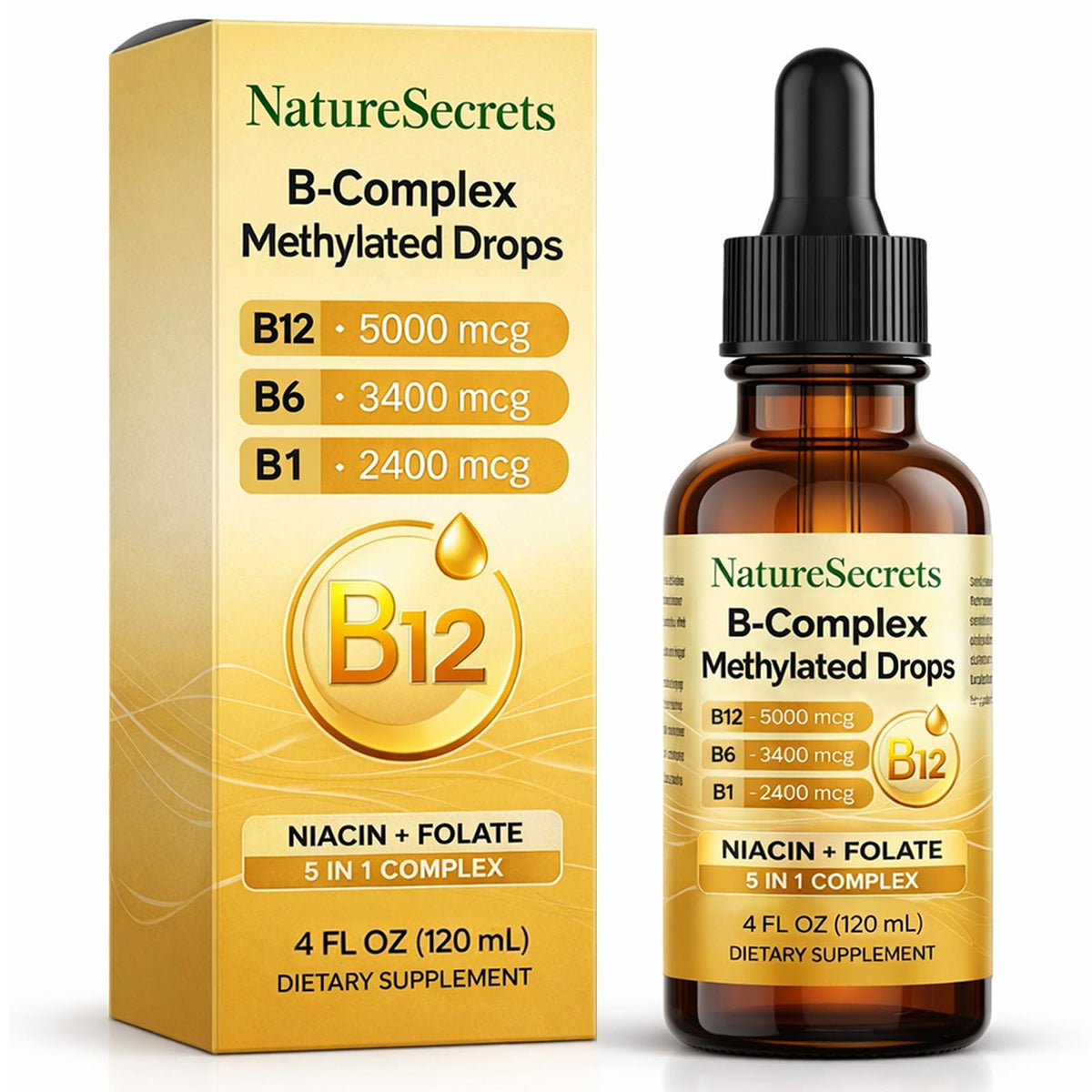 Flacon de NATURESECRETS Gouttes B-Complex Méthylées 120 mL avec étiquette et goutteur