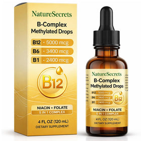 Flacon de NATURESECRETS Gouttes B-Complex Méthylées 120 mL avec étiquette et goutteur