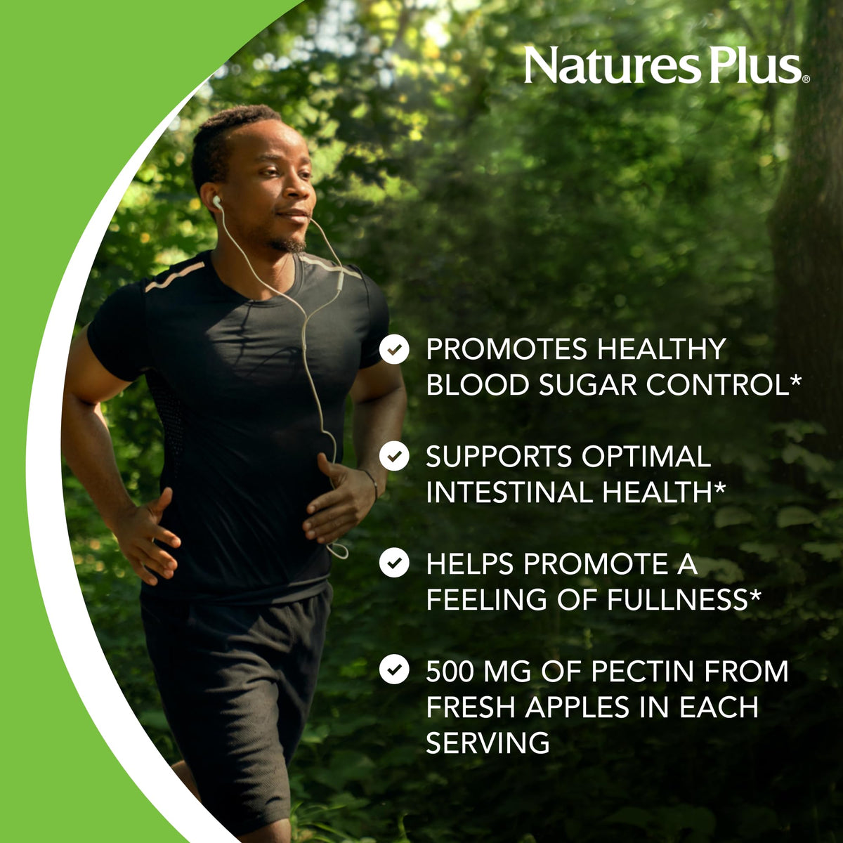 Flacon de NaturesPlus Pectine de Pomme ouvert avec comprimés à l'intérieur