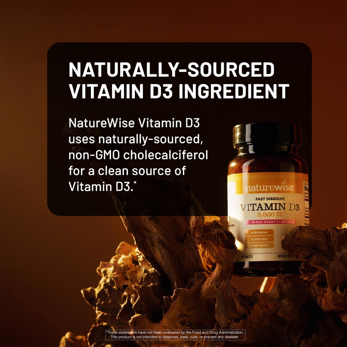 Flacon de NatureWise Vitamine D3 5000 IU ouvert avec comprimés visibles
