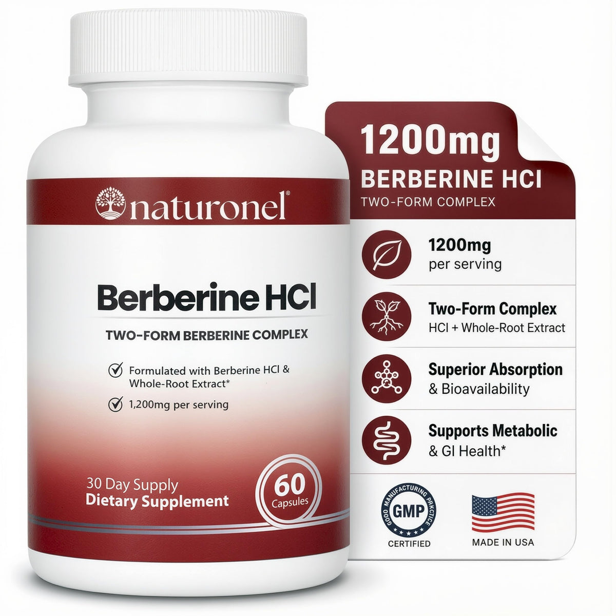 Flacon de Naturonel Berbérine HCl 1200mg vue de face