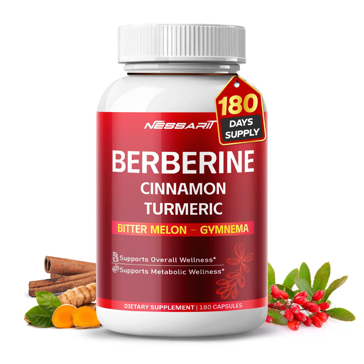 Flacon de NESSARIT Complément Alimentaire avec 180 capsules de berbérine et cannelle