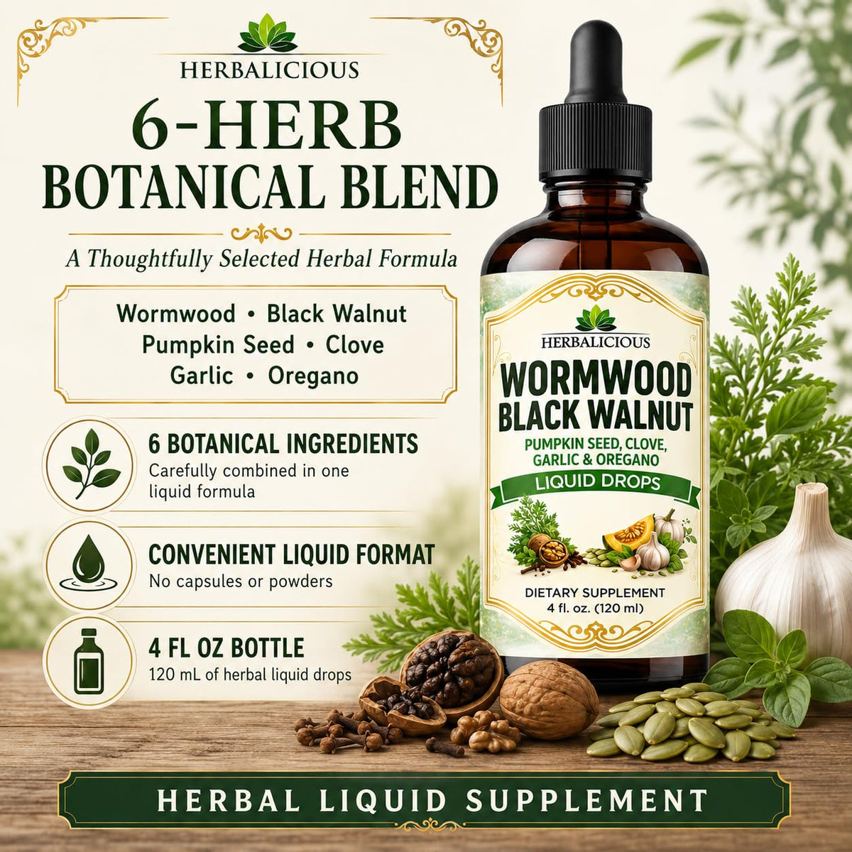 Flacon de nettoyage parasitaire HERBALICIOUS avec des ingrédients naturels autour