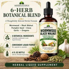Flacon de nettoyage parasitaire HERBALICIOUS avec des ingrédients naturels autour