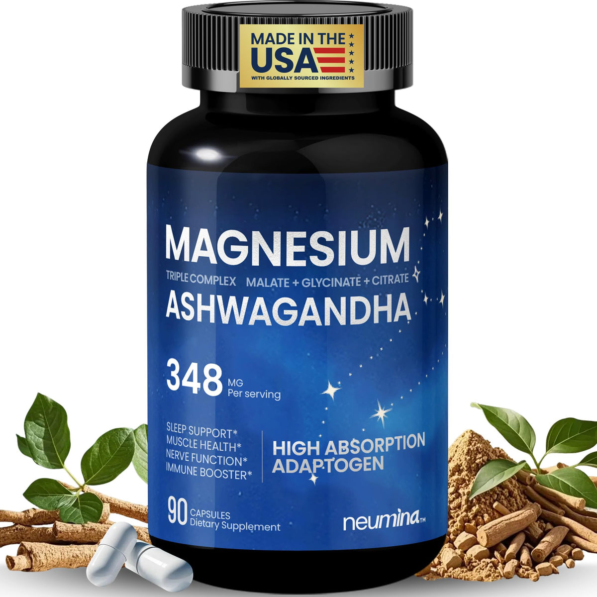 Flacon de NEUMINA Magnésium Ashwagandha 90 capsules vue de face