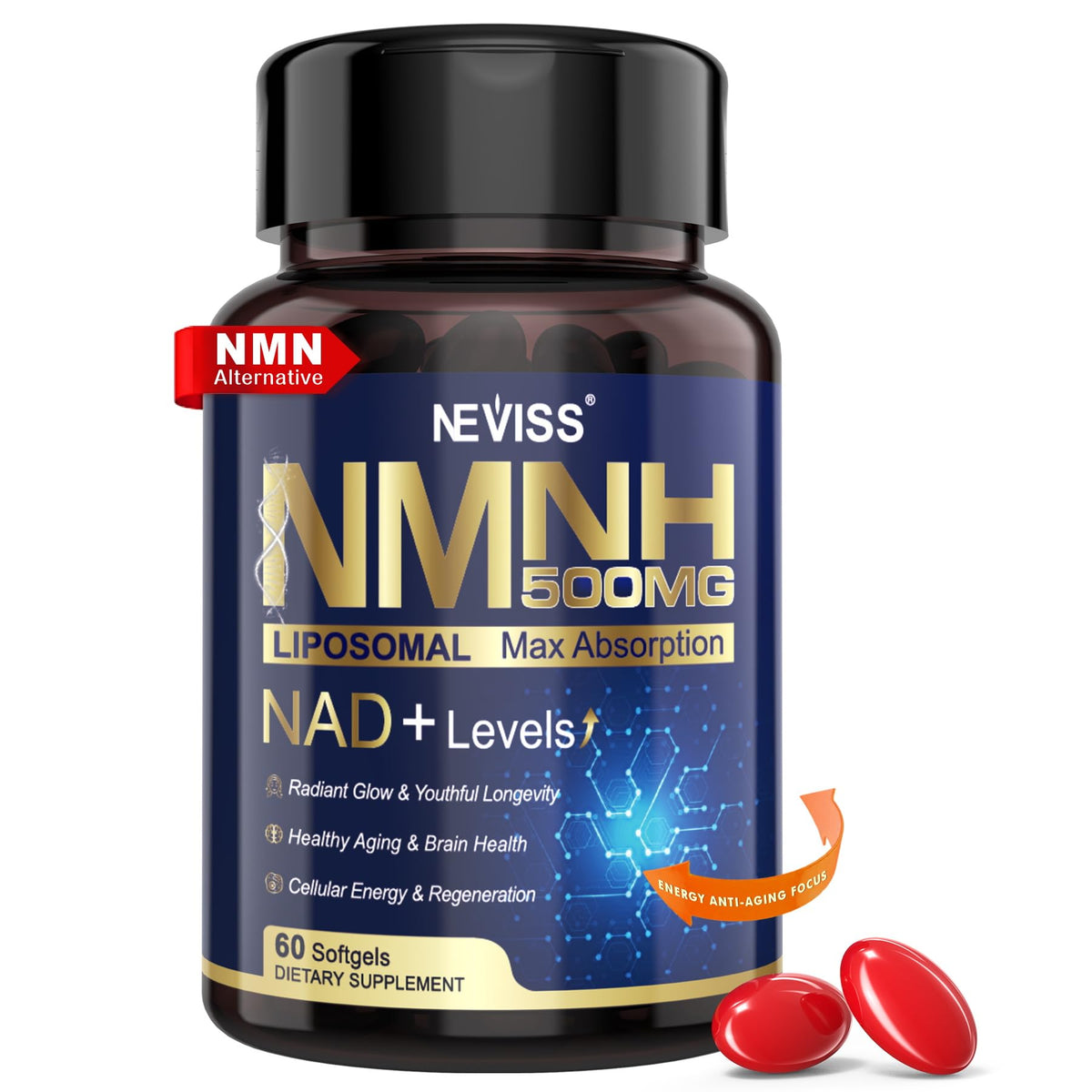 Flacon de NEVISS NAD+ NMNH 500mg avec 60 gélules