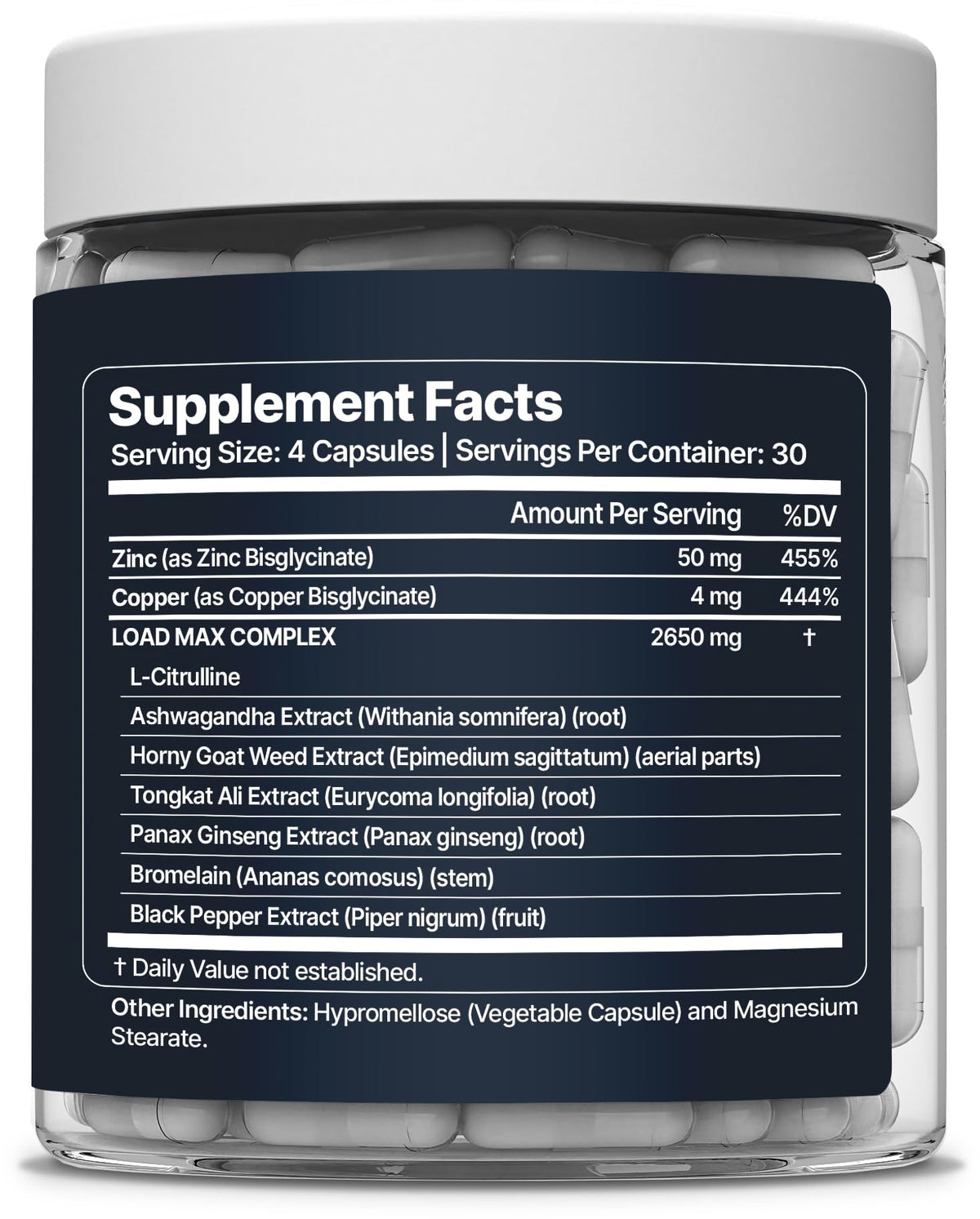 Flacon de Nevora Labs Load Max ouvert avec capsules visibles