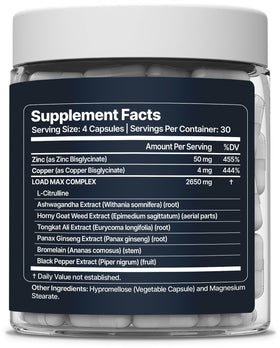 Flacon de Nevora Labs Load Max ouvert avec capsules visibles
