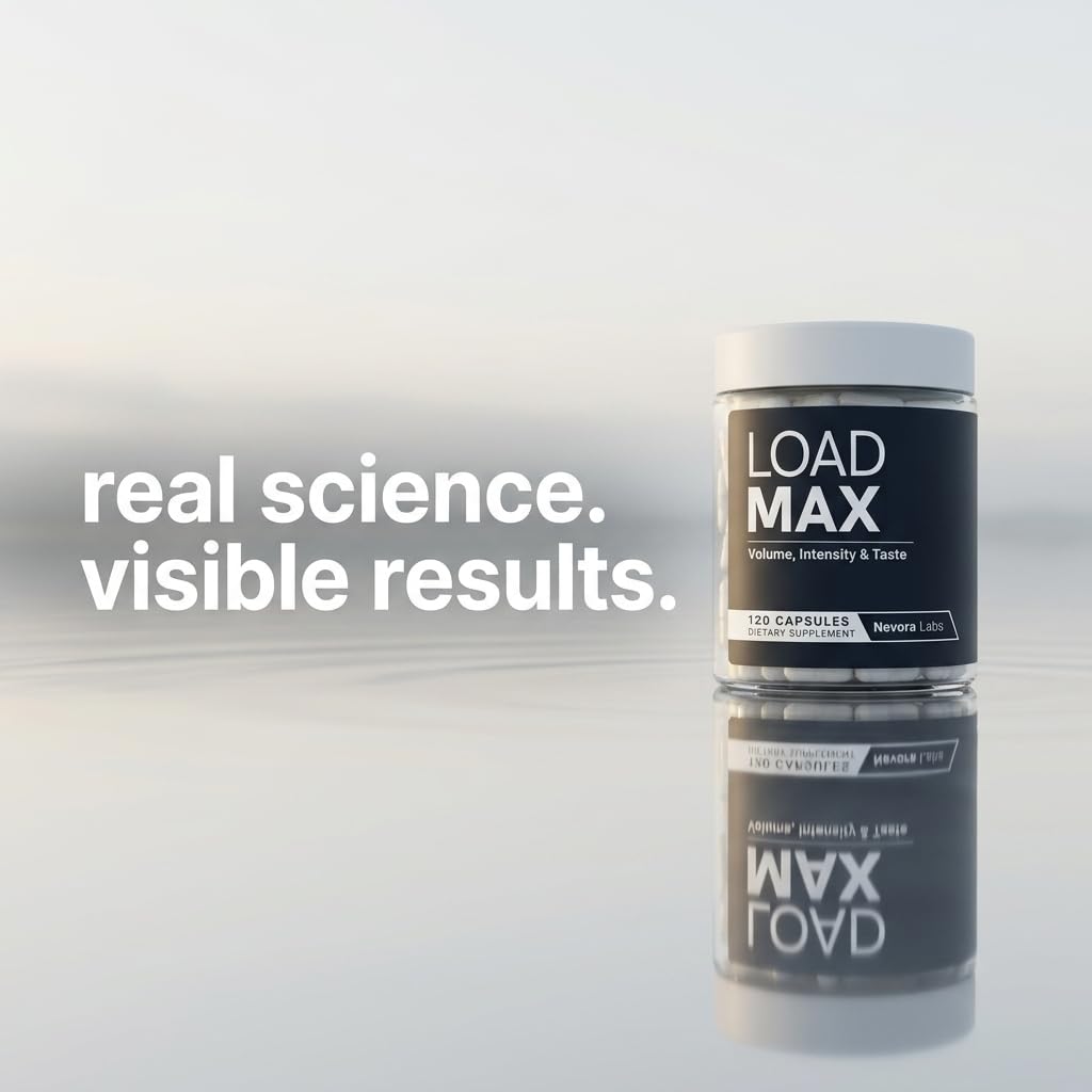 Flacon de Nevora Labs Load Max sur une table en bois