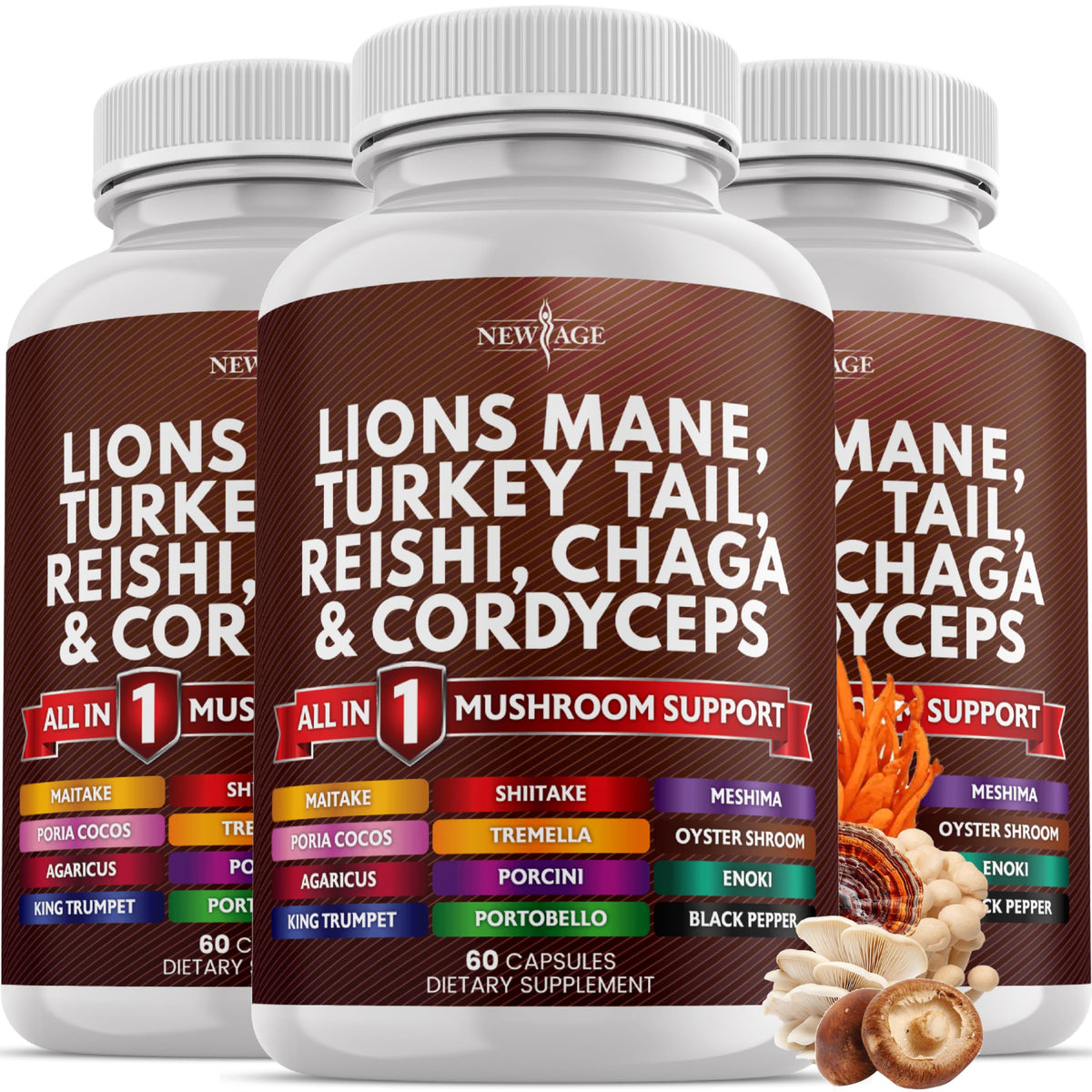 Flacon de NEW AGE Complément Alimentaire Champignons 3000mg 20 en 1 vue de face