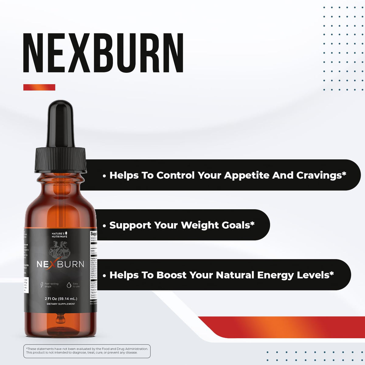 Flacon de Nexburn gouttes avec compte-gouttes et plante de ginseng en arrière-plan