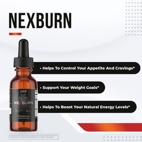 Flacon de Nexburn gouttes avec compte-gouttes et plante de ginseng en arrière-plan