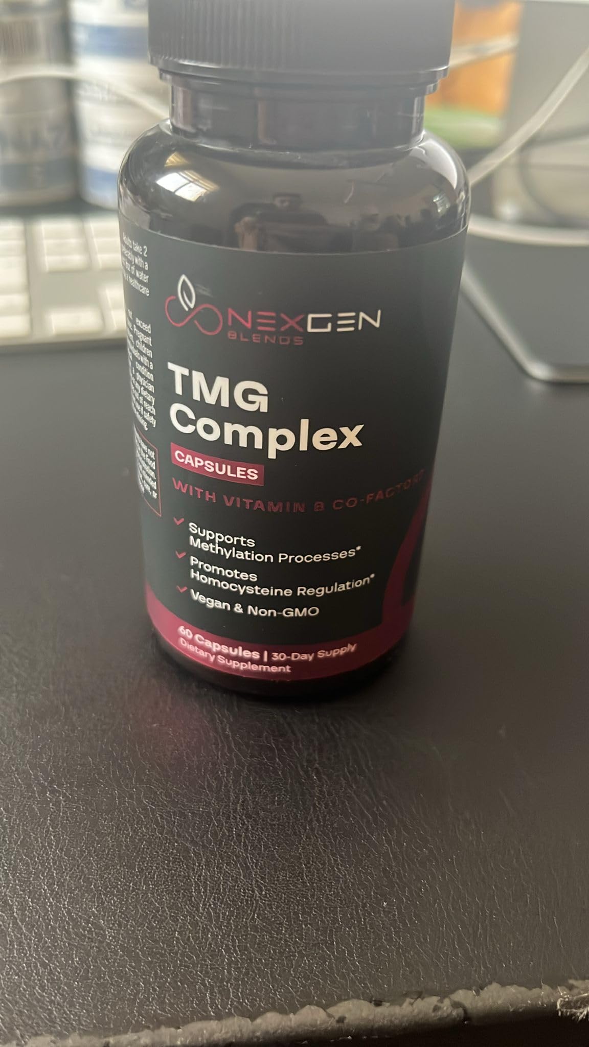 Flacon de NEXGEN BLENDS TMG 500mg avec étiquette claire