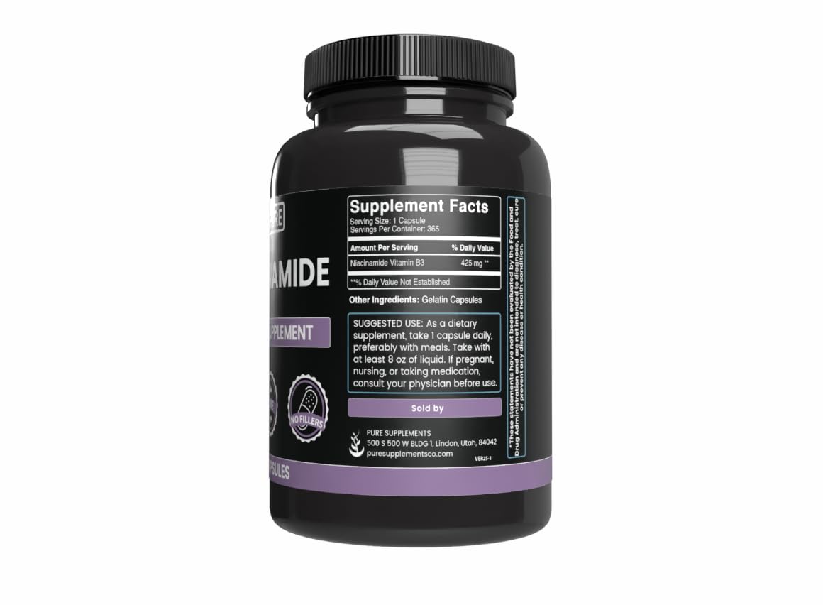 Flacon de Niacinamide avec étiquette visible, 231g