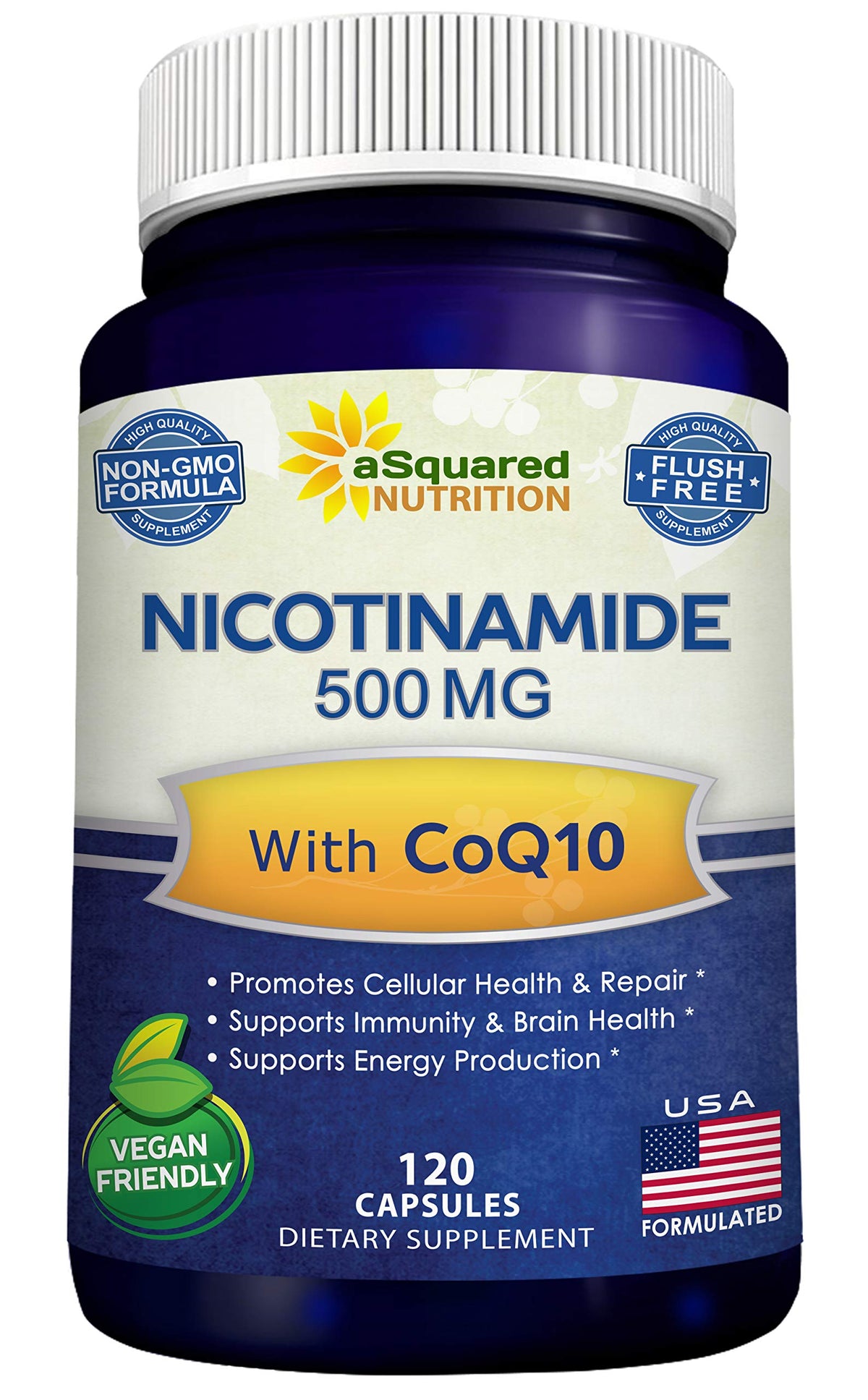 Flacon de Nicotinamide 500mg avec CoQ10 d'aSquared Nutrition vue avant
