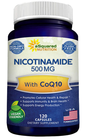 Flacon de Nicotinamide 500mg avec CoQ10 d'aSquared Nutrition vue avant