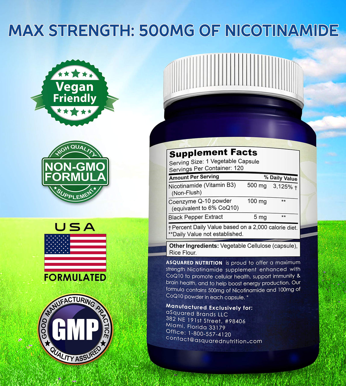 Flacon de Nicotinamide 500mg avec CoQ10 sur un fond naturel