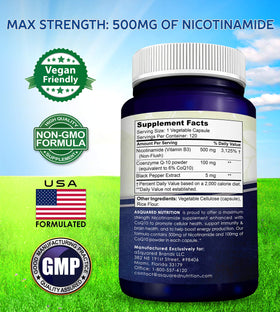 Flacon de Nicotinamide 500mg avec CoQ10 sur un fond naturel