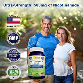 Flacon de Nicotinamide avec Resvératrol ouvert et capsules visibles